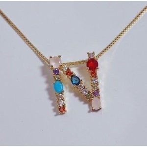 *50% OFF! N initial necklace multi stone jewels monogram personalized gold